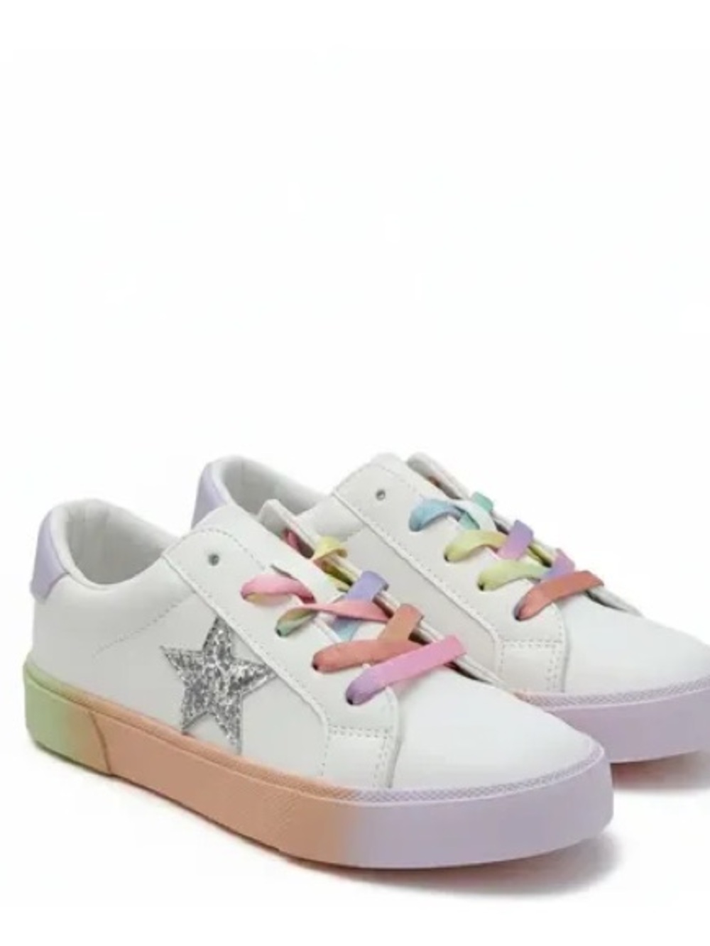 art class White Sneakers with Pastel Rainbow Laces and Silver Glitter Star